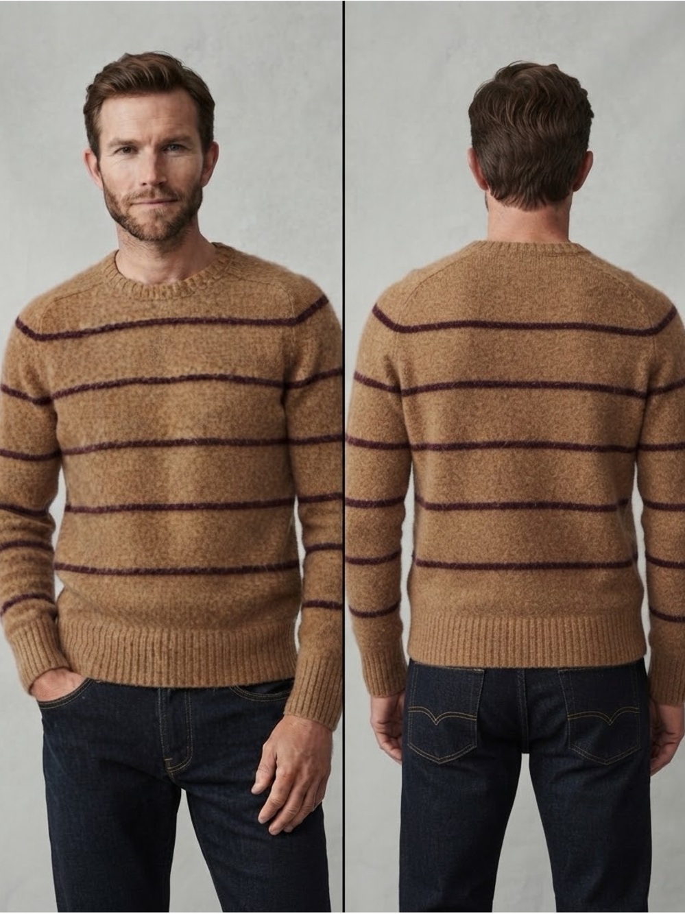 NWT J.Crew "Knit for J.Crew" 100% Wool Striped Crewneck Sweater Camel Brown Smal